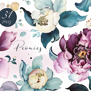 Handgezeichnete Aquarell Blumen weiß lila Pfingstrosen florale Gartenelemente PNG Clipart, Hochzeit digitale grüne Blätter Fantasy grün, Lisima