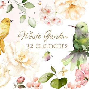 水彩画の花、白いバラ、花の庭、蝶、ハチドリ、鳥、PNG クリップアート、結婚式、デジタル、野生の花、緑の葉、ハーブ、リシマ