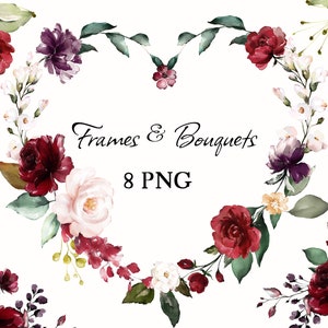 May include: A set of eight watercolour floral frames and bouquets in shades of burgundy, white, and purple. The floral elements are arranged in a heart shape with the text "Frames & Bouquets 8 PNG" in the centre.