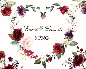 Watercolor flower burgundy roses red floral set Bouquets PNG Clipart, wedding digital gold green wreaths frames