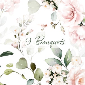 Aquarel bloem roze rozen bloemen boeketten PNG clipart, bruiloft digitale groene bladeren, groen
