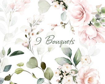 Watercolor flower Pink roses floral Bouquets PNG Clipart, wedding digital green leaves, greenery