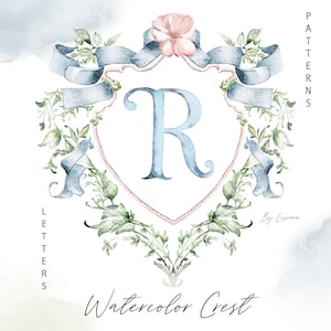 Fiocco blu da sposa con stemma dell'acquerello, vintage oro, Grand millenario delicato fai da te carta digitale cornici alfabeto Clipart, lettere