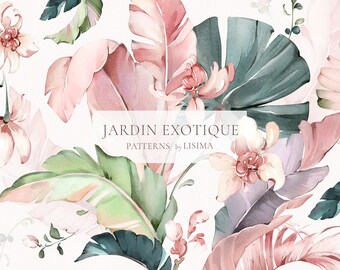 Op de afbeelding: Waterverfillustratie van roze en groene tropische bladeren en bloemen. De tekst "JARDIN EXOTIQUE PATTERNS by LISIMA" staat in het midden van de afbeelding.