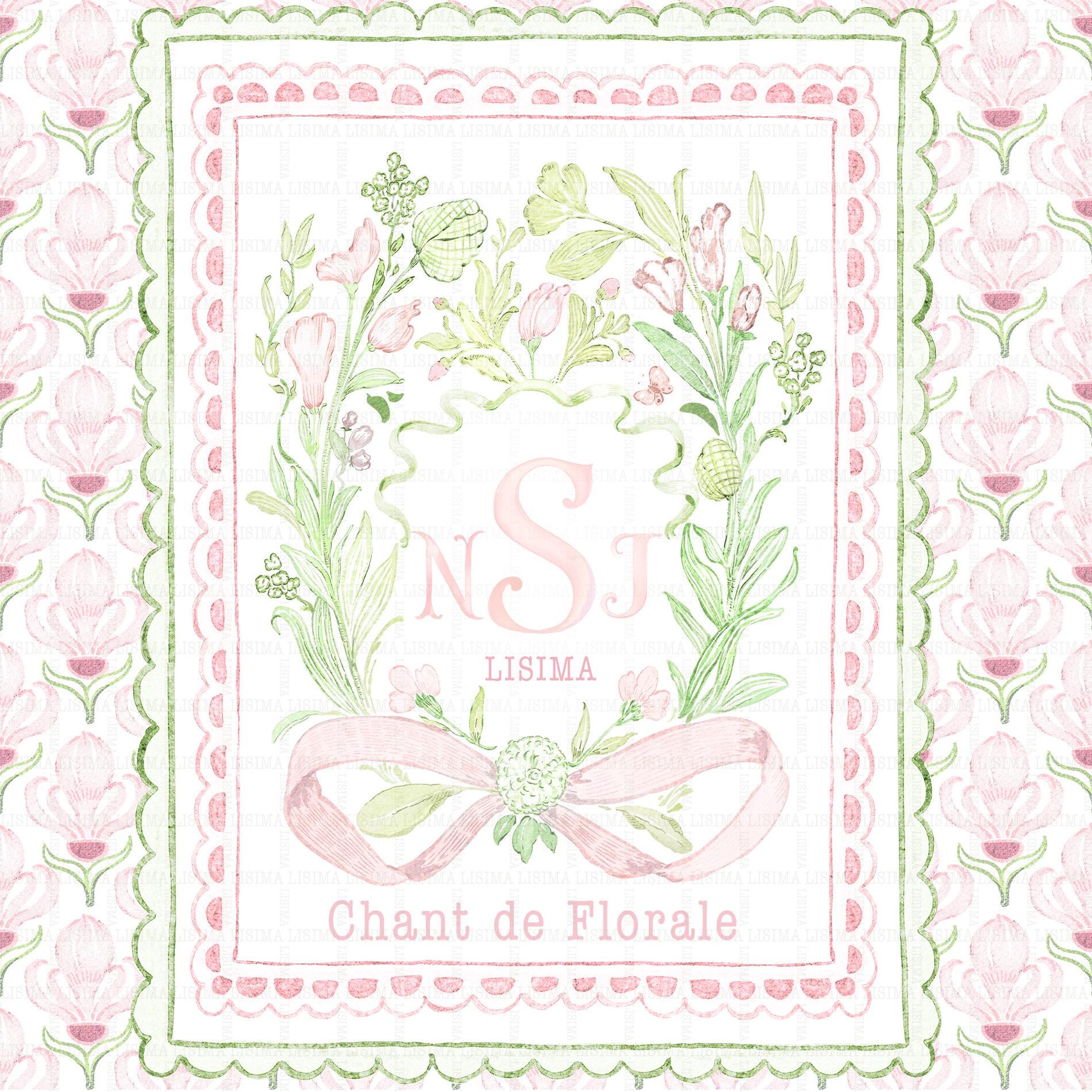Watercolor Floral Crest Clipart: Pink Flowers, Bow, Alphabet (Digital Paper)