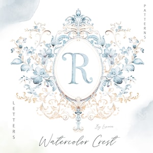 Crista aquarela casamento azul, ouro vintage, grande milenar delicado DIY Molduras de papel digital alfabeto Clipart, letras