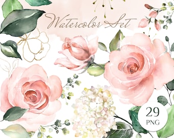 Watercolor flower Pink roses floral garden Bouquets PNG Clipart, wedding digital green leaves herbs Lisima