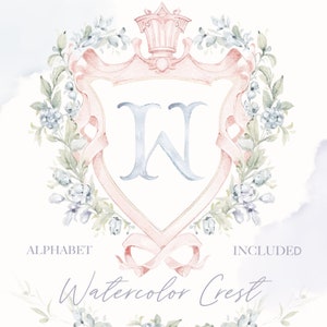 Watercolor crest Baby shower wedding  Pink crown and little flowers bow Grand millennial delicate DIY Digital paper Frames alphabet Clipart