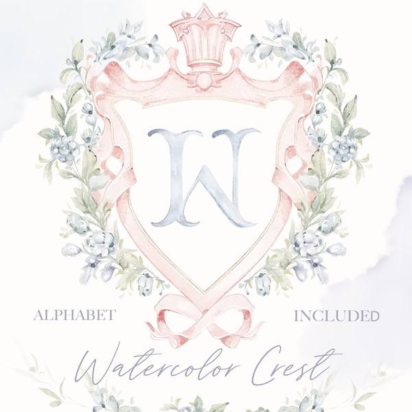 Aquarell Wappen Baby-Dusche Hochzeit Rosa Krone und kleine Blumen Schleife Grand Millennial zarte DIY Digital Papier Rahmen Alphabet Clipart