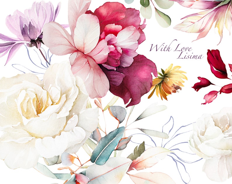 Watercolor Flower White Pink Cream Roses Peonies Floral Garden Elements ...
