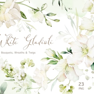 Aquarell Blumen weiße Creme Gladiolen, Gladiolen, Blumengarten Blumensträuße PNG Clipart, Hochzeit digitale grüne Blätter Kräuter grün