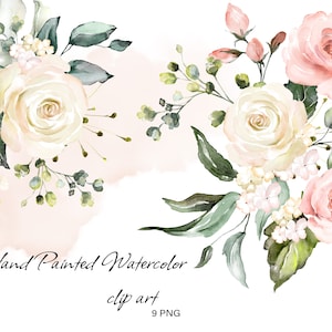 May include: Watercolor clip art featuring a bouquet of white and pink roses with green leaves and small white flowers. The flowers are arranged in a loose, natural style. The background is a soft pink watercolor wash.