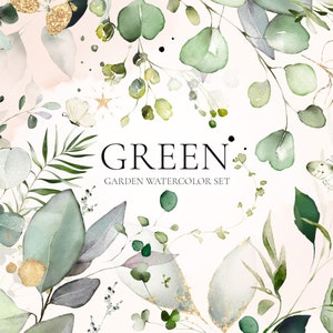 Aquarel boeketten, gouden kruiden, groen PNG, Clipart botanische bruiloft digitale groene bladeren eucalyptus uitnodiging bundel