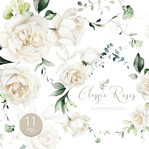 Aquarelle fleur blanc crème roses floral jardin Bouquets PNG Clipart, mariage numérique feuilles vertes herbes verdure