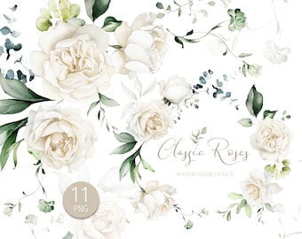 Akvarell blomma vita kräm rosor blommig trädgårdsbuketter PNG Clipart, digitala bröllop gröna blad örter grönska