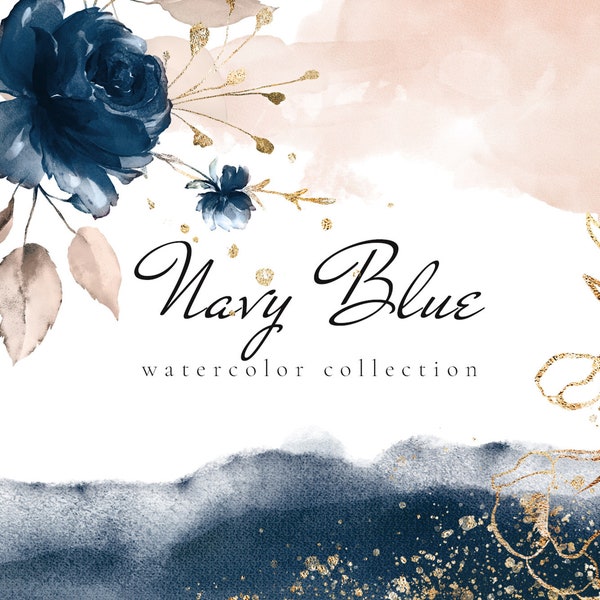 Aquarelle fleur bleu marine roses, jardin floral Bouquets PNG Clipart, mariage numérique feuilles herbes, cadres dorés, alphabet