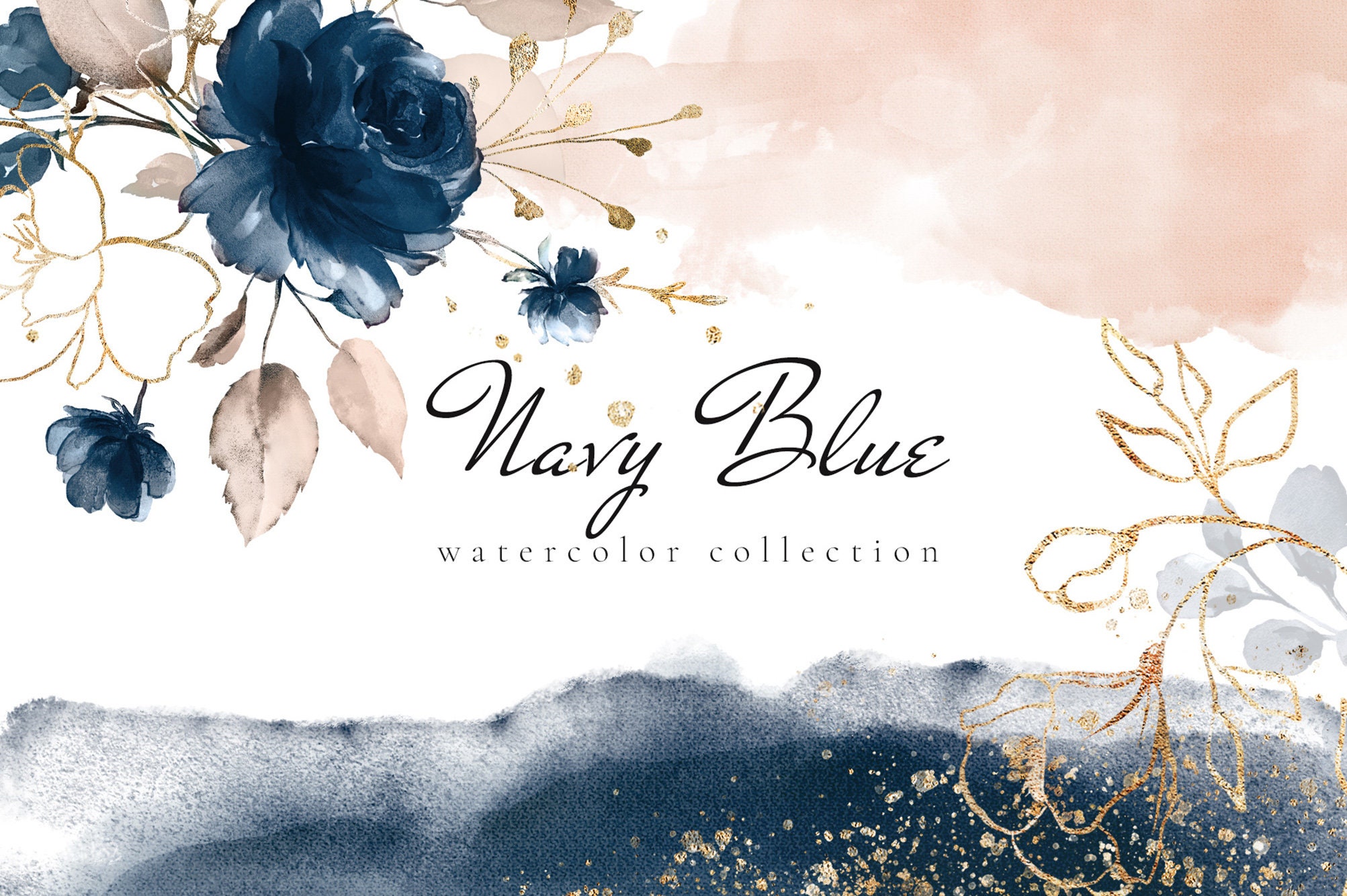 Watercolor Flower Navy Blue Roses Floral Garden Bouquets PNG Etsy