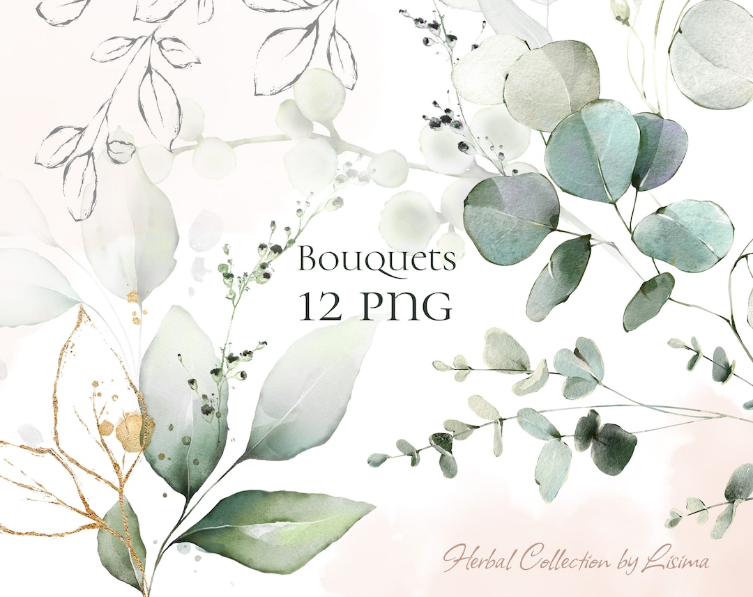 Watercolor Eucalyptus Greenery Bouquets PNG Clipart, Wedding Digital ...