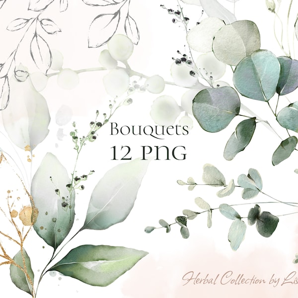 Aquarell Eukalyptus Grün Blumensträuße PNG Clipart, Hochzeit digitale Kräuter grüne Blätter Handgemalte Einladung