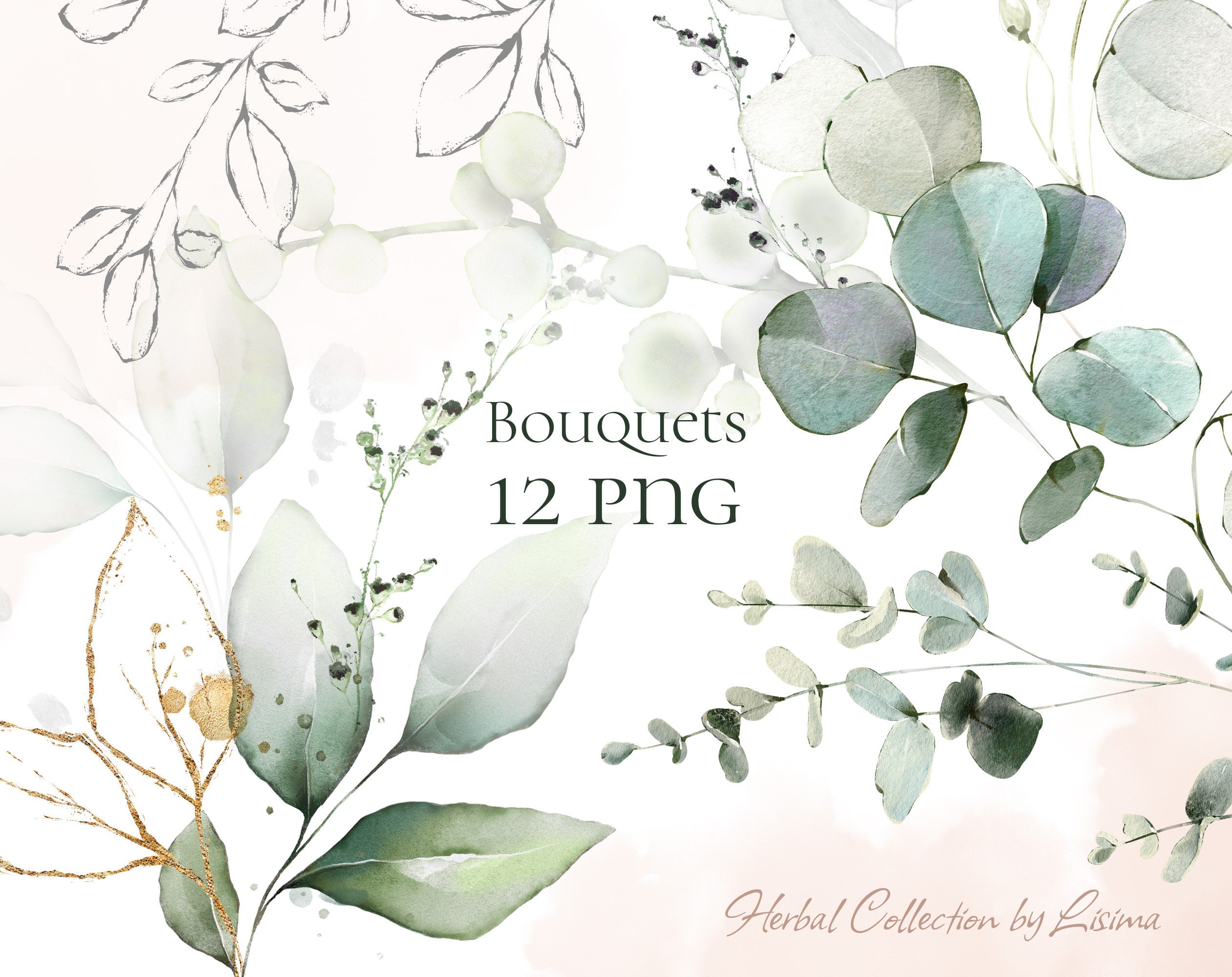 Watercolor Eucalyptus Greenery Bouquets PNG Clipart, Wedding Digital ...