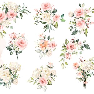 May include: A collection of watercolor floral bouquets featuring pink and white roses, hydrangeas, and greenery. The bouquets are arranged in a symmetrical pattern on a white background.