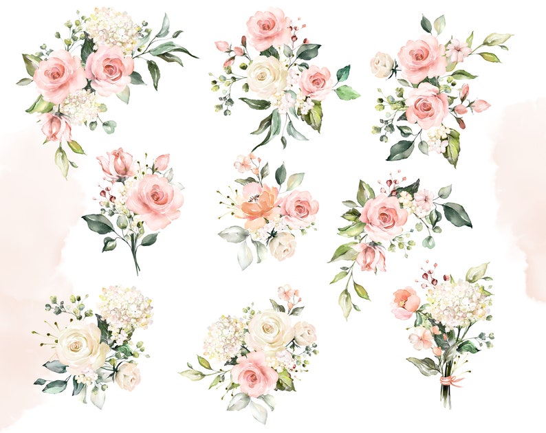 May include: A collection of watercolor floral bouquets featuring pink and white roses, hydrangeas, and greenery. The bouquets are arranged in a symmetrical pattern on a white background.