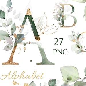 alfabeto de hierbas con ramos verdes y dorados PNG Clipart, letras digitales de boda hojas verdes hierbas