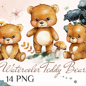 Teddy Bears, Woodland, trees, butterfly, watercolor PNG, cute clipart, baby animal, nursery decor, digital character cartoon, Lisima