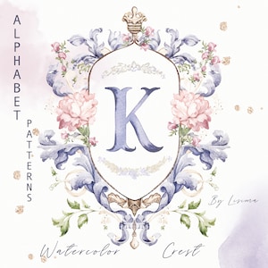 Aquarel crest Baby shower bruiloft Lila kroon en kleine bloemen buigen Grand duizendjarige delicate DIY digitale papier Frames alfabet Clipart
