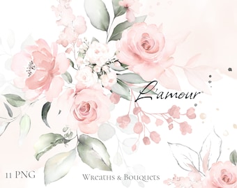 Watercolor flower Pink roses floral garden Bouquets PNG Clipart, wedding digital wildflower green leaves herbs Lisima
