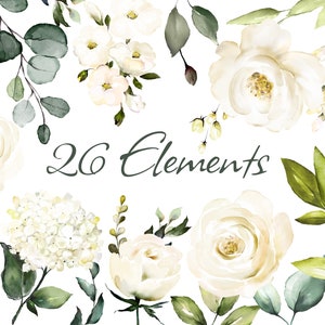 Aquarell Blumen weiße Rosen Blumen Garten PNG Clipart, Hochzeit digitale Wildblumen grüne Blätter Kräuter Lisima