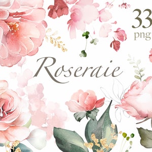 Aquarell Blumen rosa Rosen, Pfingstrosen, Blumengarten PNG Clipart, Hochzeit digitale Wildblumen grüne Blätter Kräuter Lisima