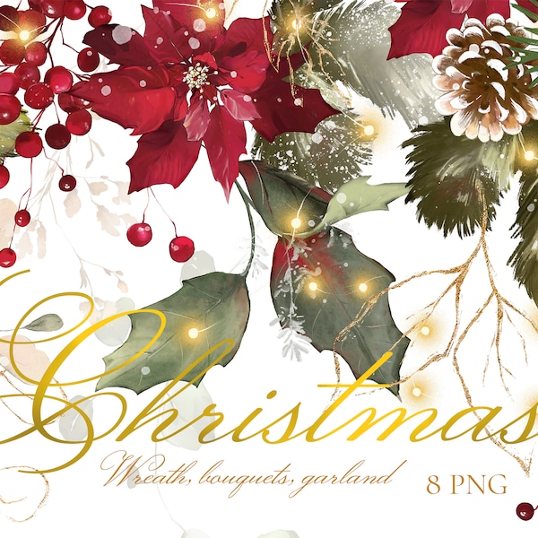 Christmas Watercolor flowers red Poinsettia bouquets New Year invitation card Christmas berry greenery Digital PNG clipart download Lisima
