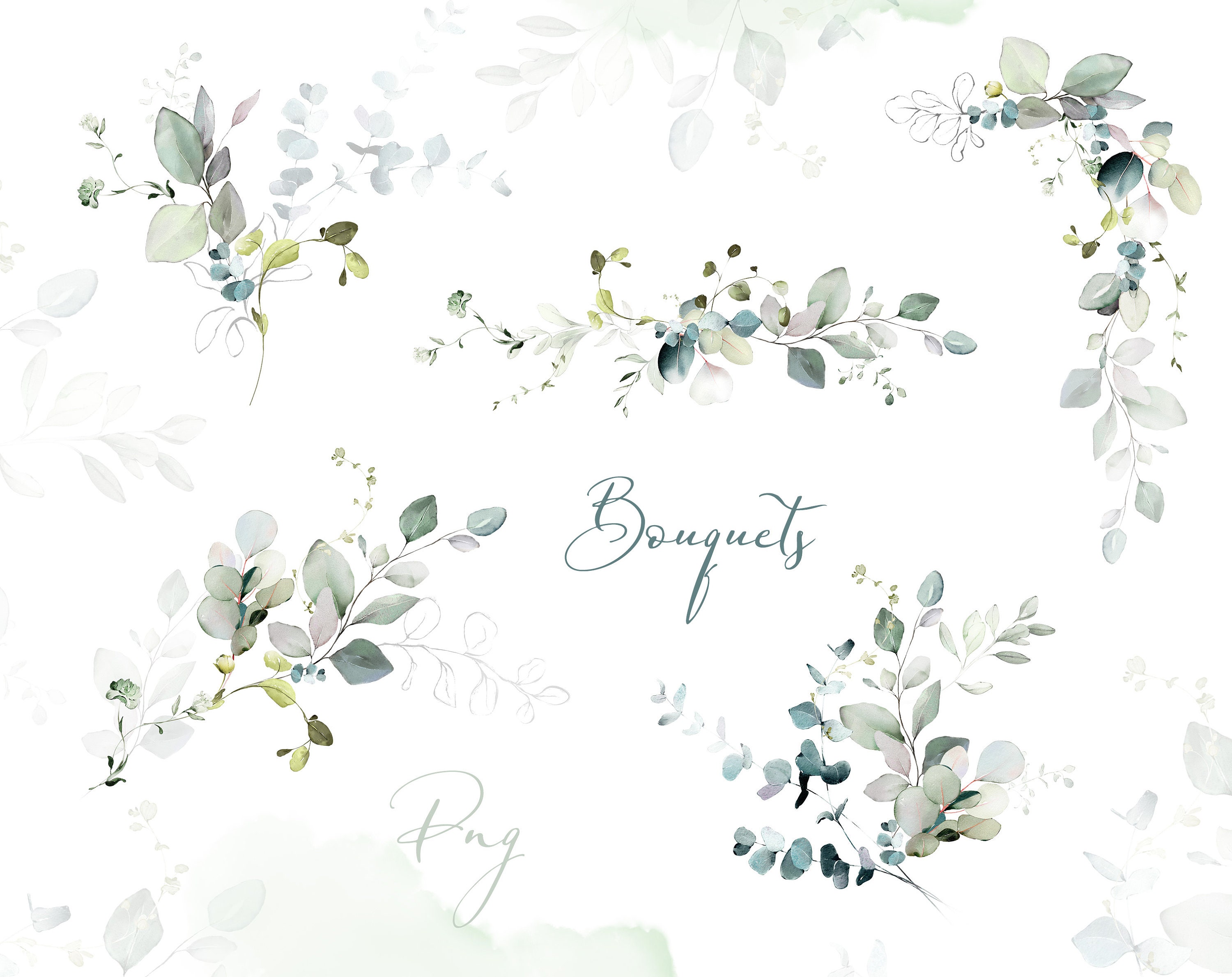 Watercolor Eucalyptus Greenery Bouquets PNG Clipart Set, Wedding ...