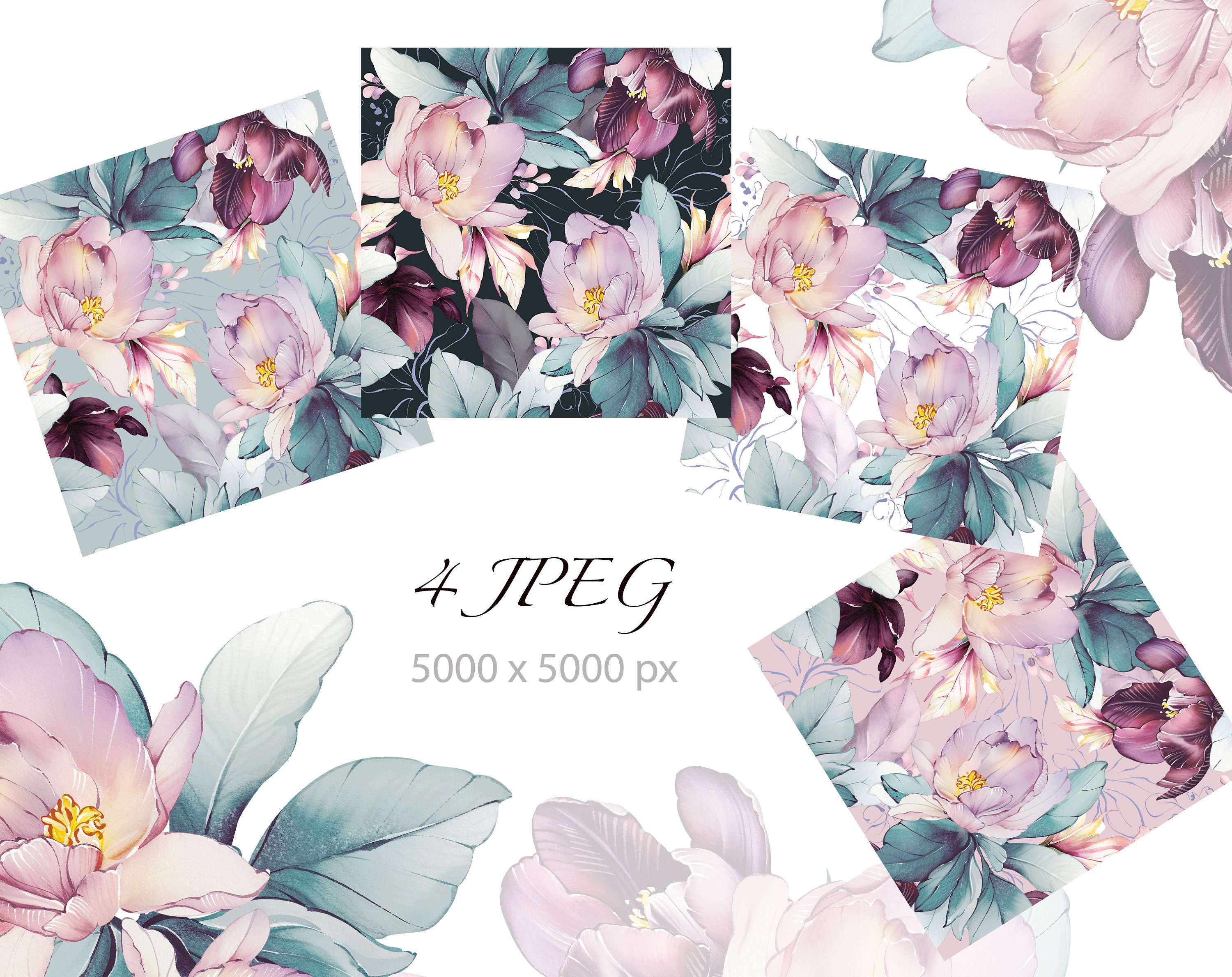 Pink Violet Roses Pattern Watercolor Floral Seamless Patterns Pink, Purple, Roses Bouquets Jpeg ...