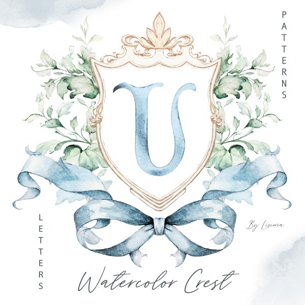 Aquarell Crest Hochzeit blau Schleife, Gold Vintage, Millennial zarte DIY Digital Papier Rahmen Alphabet Clipart, Buchstaben