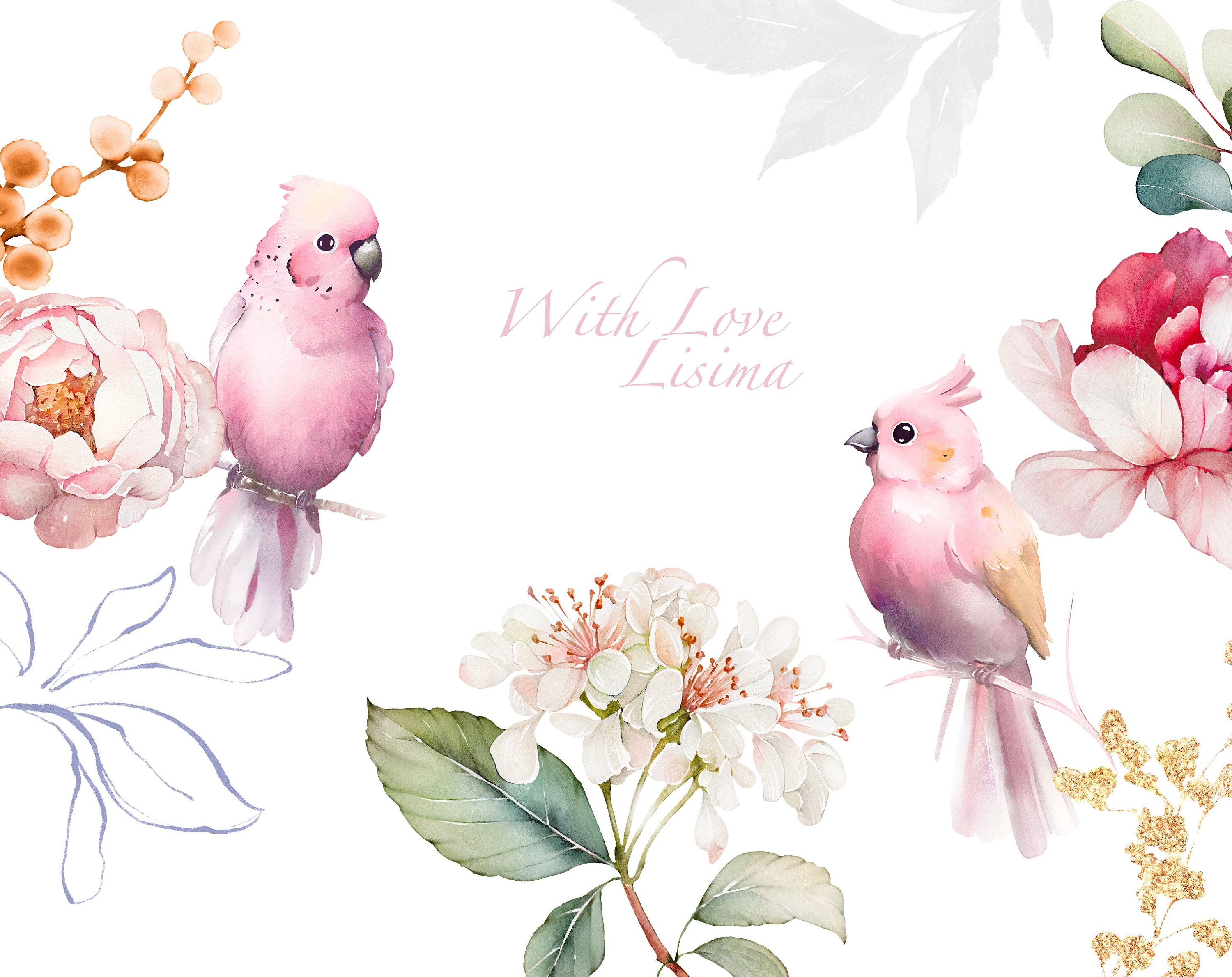 Watercolor Flower White Cream, Pink Roses Peonies Floral Garden ...