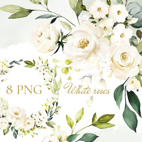 Watercolor flower white cream roses floral garden Bouquets PNG Clipart, wedding digital green leaves herbs greenery