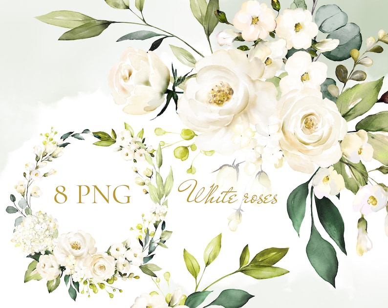 Watercolor Flower White Cream Roses Floral Garden Bouquets PNG Clipart ...