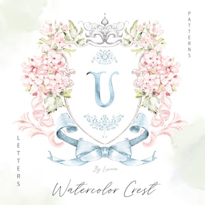 Fiocco blu da sposa con stemma dell'acquerello, vintage oro, Grand millenario delicato fai da te carta digitale cornici alfabeto Clipart, lettere
