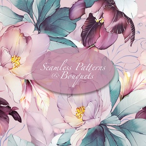 Aquarelle motifs floraux sans soudure Rose, violet, roses Bouquets jpeg fond fleurs sauvages numériques feuilles vertes herbes