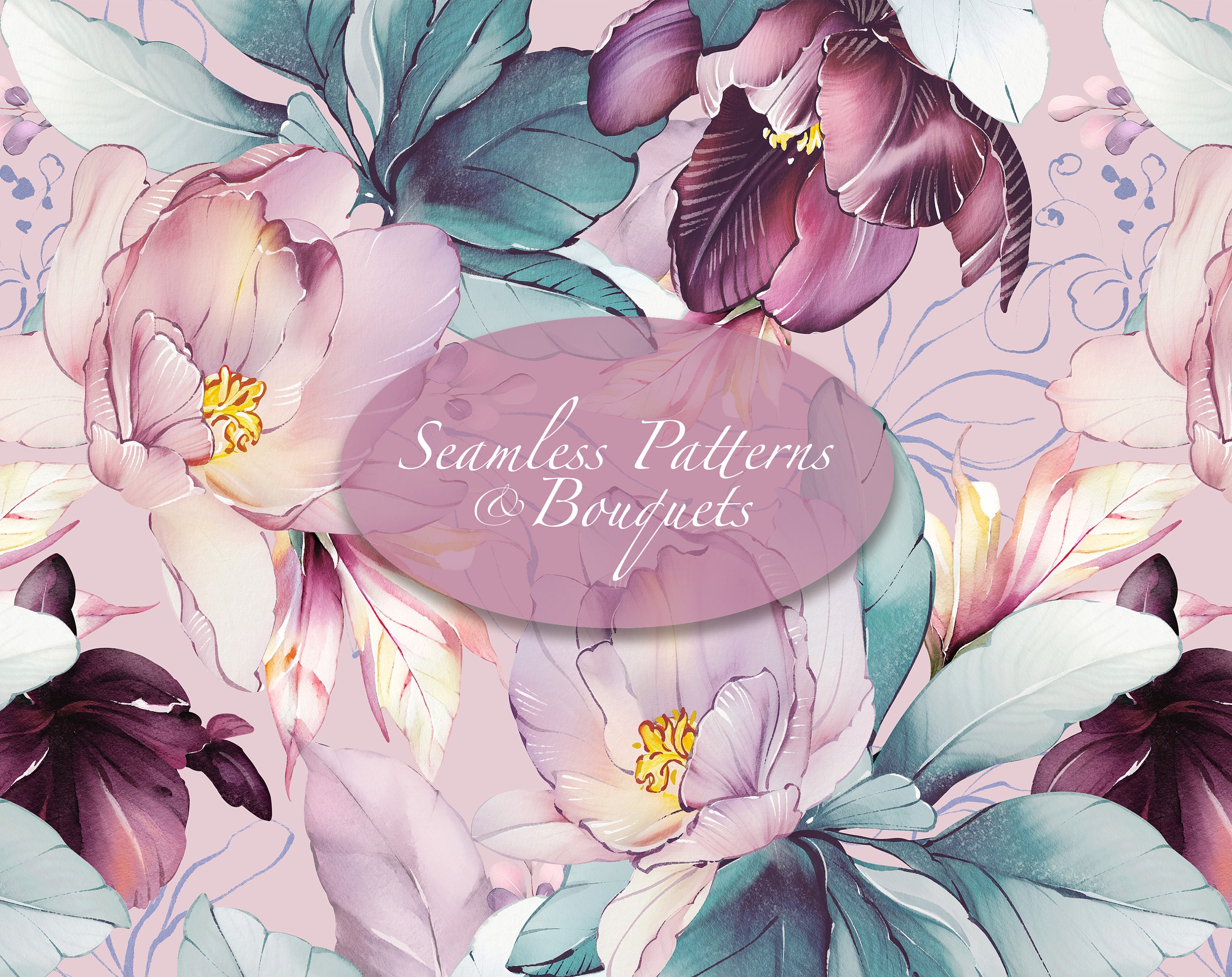 Pink Violet Roses Pattern Watercolor Floral Seamless Patterns Pink, Purple, Roses Bouquets Jpeg ...