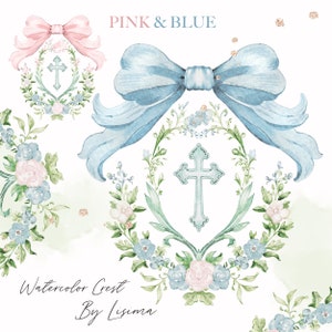 Baptême aquarelle clipart écusson, chambre de bébé garçon fille verdure DIY numérique cadres en papier Baby Shower baptême bleu rose
