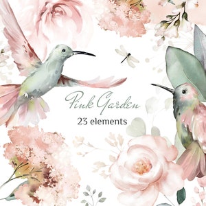 Aquarell Blumen rosa Rosen Vögel Kolibri Blumengarten Blumensträuße PNG Clipart digitale Wildblumen grüne Blätter Kräuter Lisima