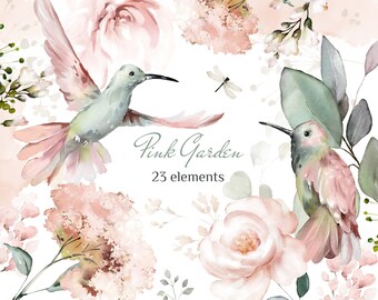Watercolor flower Pink roses birds hummingbird floral garden Bouquets PNG Clipart digital wildflower green leaves herbs Lisima