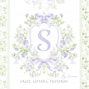 Cresta de acuarela Baby shower, boda, lila, pequeñas flores lazo Gran milenario delicado DIY Papel digital Marcos alfabeto guardería Clipart