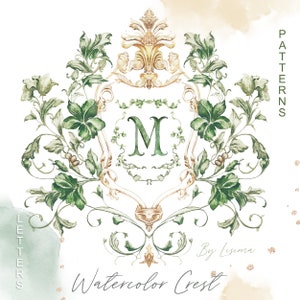 Acquerello stemma matrimonio verde, oro vintage, Grand millenario delicato carta digitale fai da te cornici alfabeto Clipart
