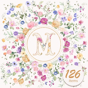 Conjunto de clipart de casamento BLOOM, rosas, flores silvestres coloridas, primavera elegante
