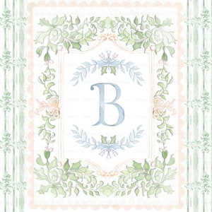 Stemma botanico ad acquerello, matrimonio blu vintage, Grand millenario delicato vivaio fai da te carta digitale, verde, cornici alfabeto clipart