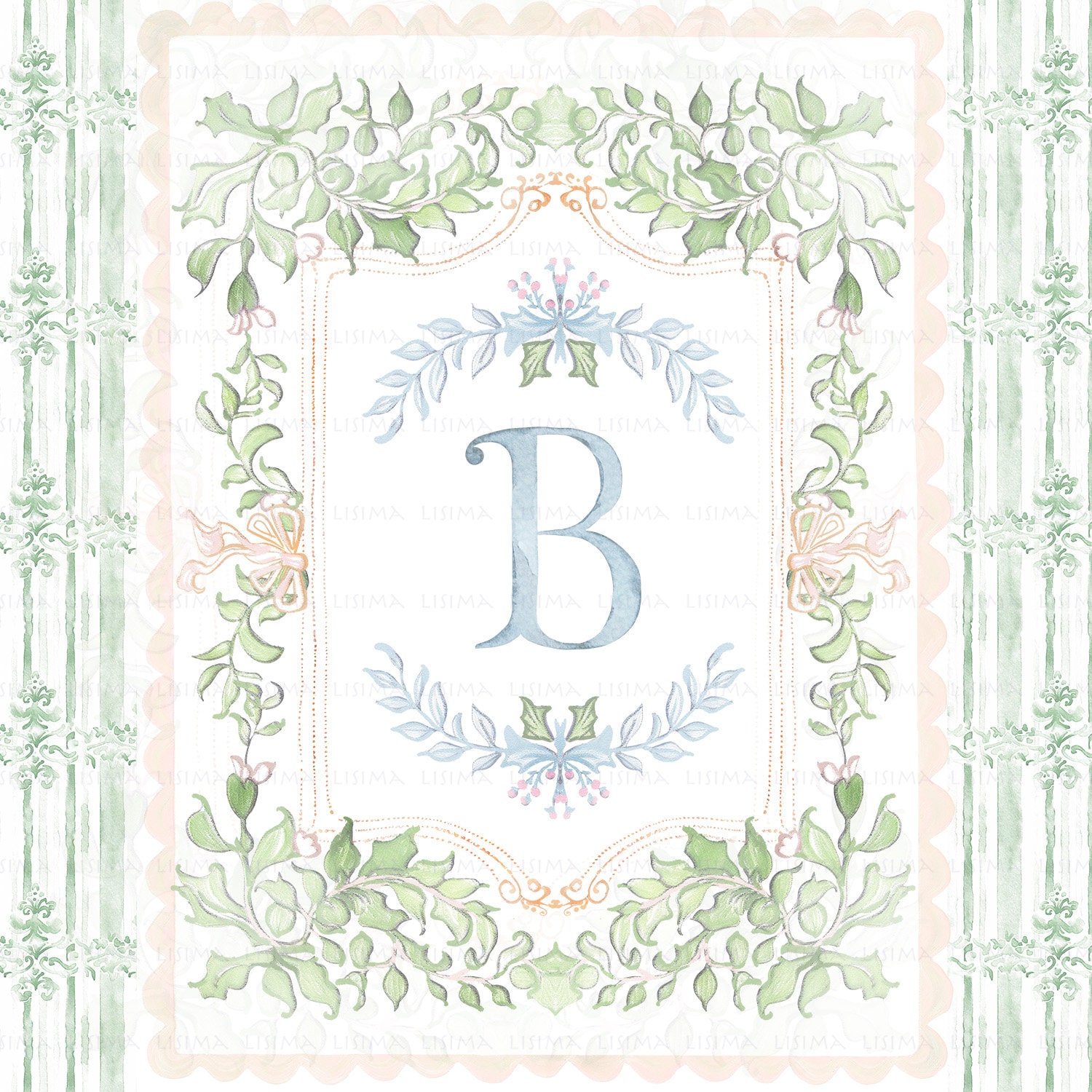 Watercolor botanical crest, wedding blue vintage, Grand millennial delicate Nursery DIY Digital paper, green, Frames alphabet Clipart